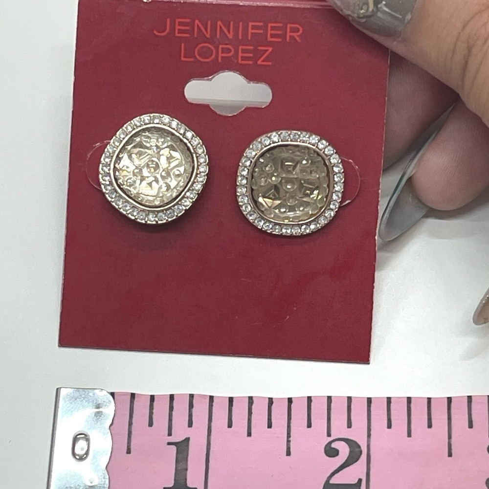 Jennifer Lopez Rose Gold Tone Champagne Crystal Square Halo Stud Earrings NEW